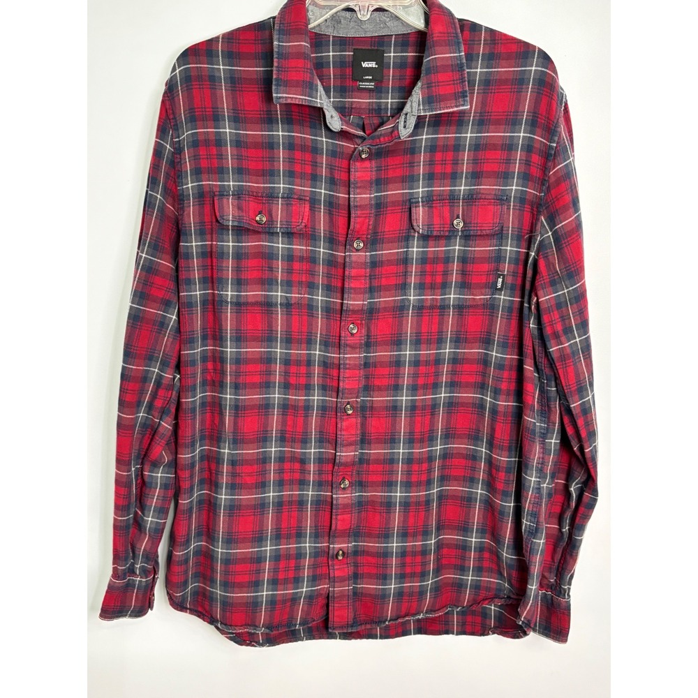 Vans Mens Large Red Gray Plaid Flannel Button Down Shirt Classic Fit Long Sleeve